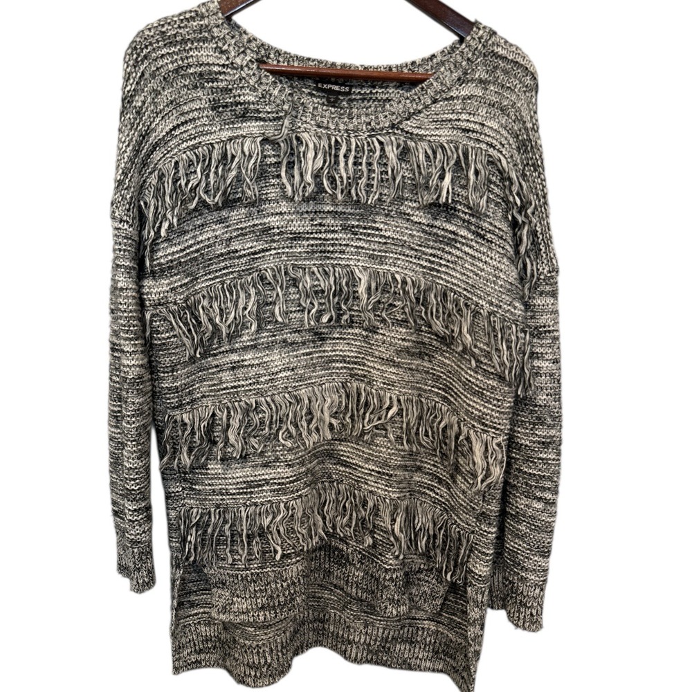 Express Fringe Sweater Size S Chunky Marbled Black/White Oversized Cozy Boho
